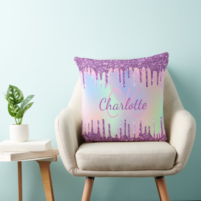 Purple pink glitter drips name script throw pillow (Chair)