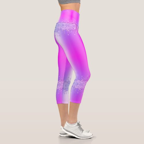 Purple Pink Glitter Drips Party Capri Leggiings