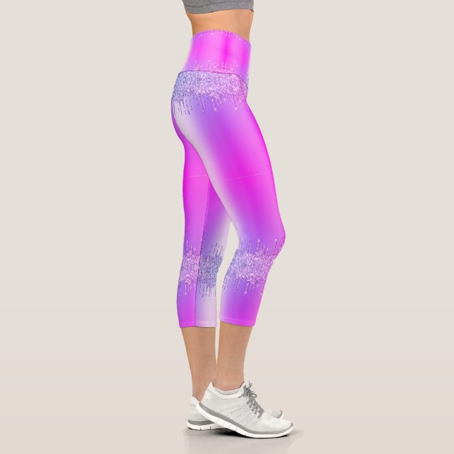 Purple Pink Glitter Drips Party Capri Leggiings (Right)