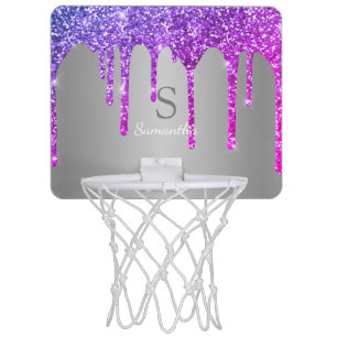 Purple Pink Glitter Drips Sparkle Monogram Name Mini Basketball Hoop