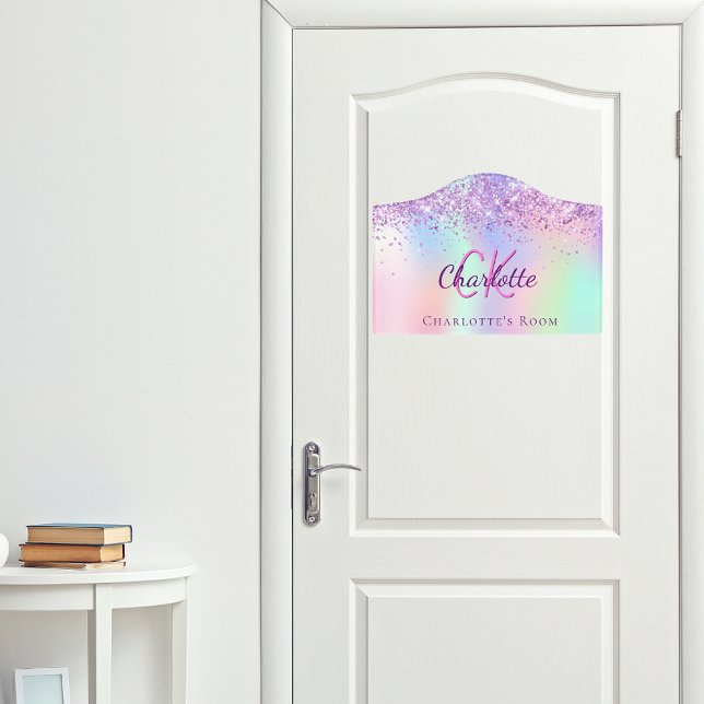 Purple pink glitter dust holographic monogram name door sign (Creator Uploaded)