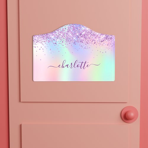 Purple pink glitter dust holographic name girl door sign