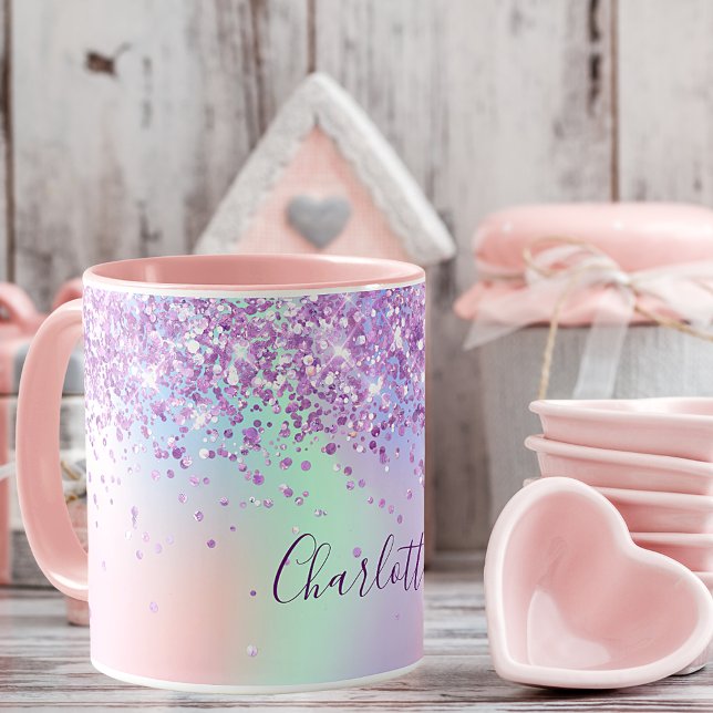 Purple pink glitter dust holographic name script mug (Creator Uploaded)