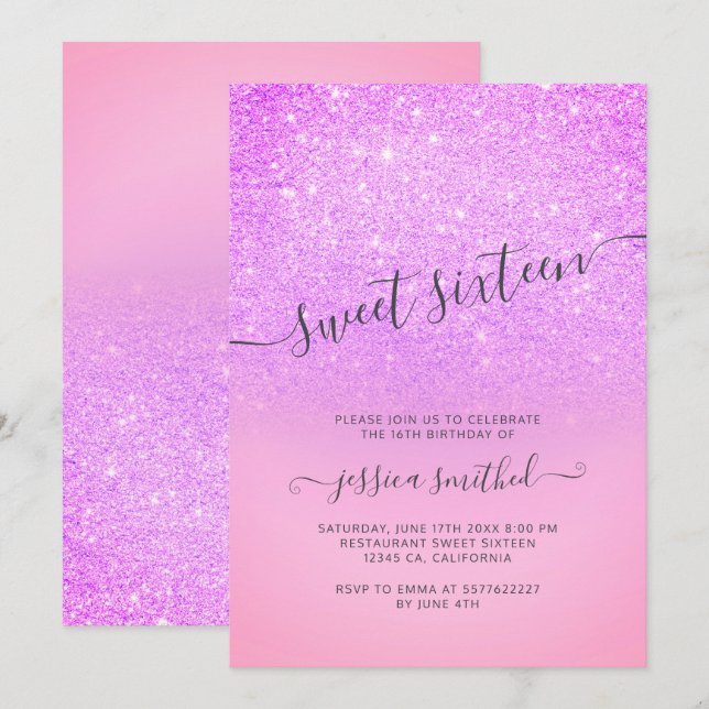 Purple pink glitter elegant typography Sweet 16 Invitation (Front/Back)