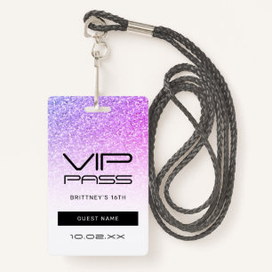 Purple Pink Glitter Glam VIP Pass 16th Invitation Badge