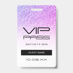Purple Pink Glitter Glam VIP Pass 18th Invitation Badge
