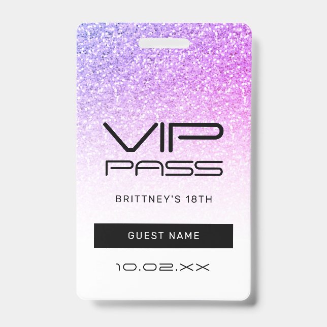 Purple Pink Glitter Glam VIP Pass 18th Invitation Badge (Front)