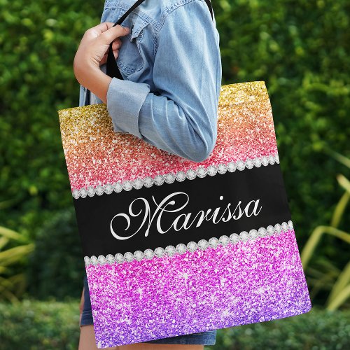 Purple Pink Glitter Gold Ombre Black Ribbon Tote Bag