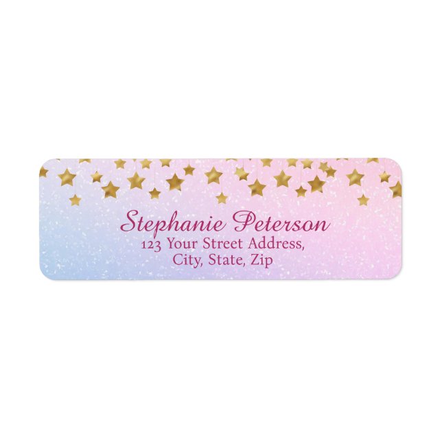 Purple Pink Glitter Gold Stars Return Address Label (Front)