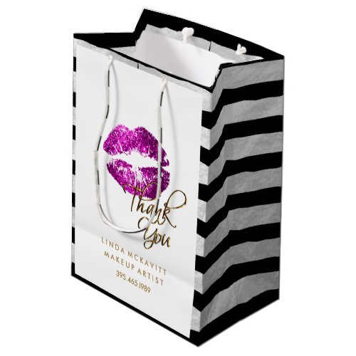 Purple Pink Glitter Lips  White Stripes Medium Gift Bag