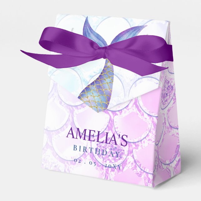 Purple Pink Glitter Mermaid Tail Birthday Favor Boxes (Front Side)