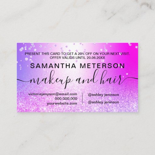 purple pink glitter metallic sparkle confetti gift discount card Zazzle