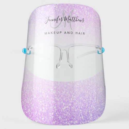 Purple Pink Glitter Monogram Logo Hair Salon COVID Face Shield