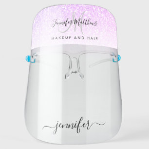Purple Pink Glitter Monogram Logo Hair Salon Name Face Shield