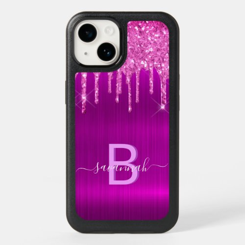 Purple pink glitter monogram name glam OtterBox iPhone 14 case