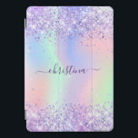 Purple pink glitter name holographic script iPad pro cover<br><div class="desc">A trendy iridescent, holographic background with pastel colors in pink, purple, rose gold, mint green. Decorated with faux glitter dust. Purple colored letters. Personalize and add your name. The name is written with a modern hand lettered style script with swashes. To keep the swashes only delete the sample name, leave...</div>