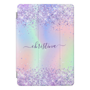 Purple pink glitter name holographic script iPad pro cover