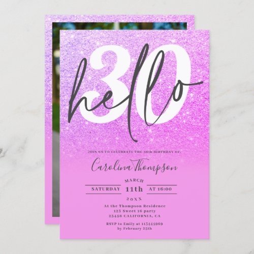 Purple pink glitter ombre gradient photo hello 30 invitation