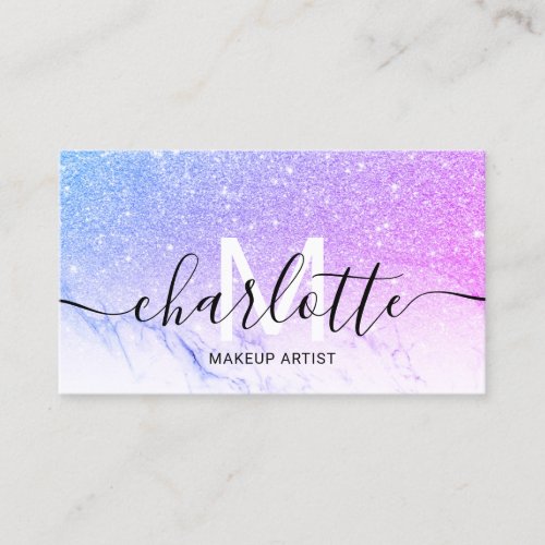 Purple pink glitter ombre marble name makeup logo business card