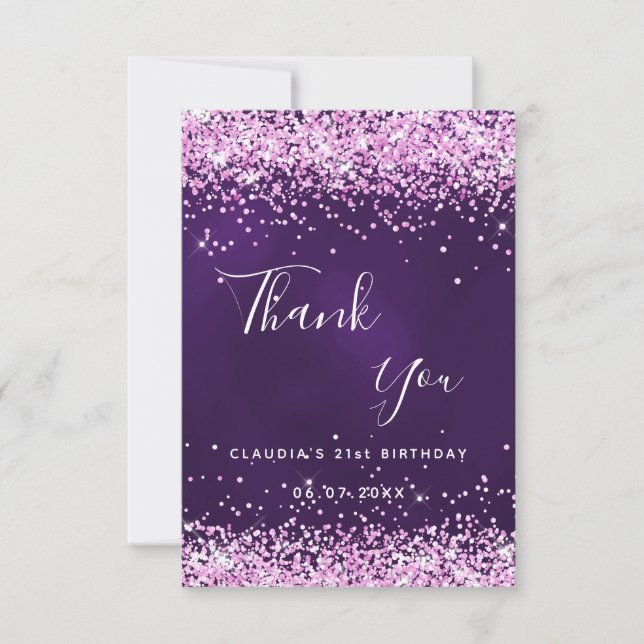 Purple pink glitter sparkle elegant thank you card (Front)