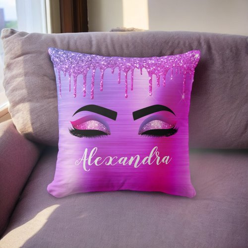 Purple Pink Glitter Sparkle Eyelashes Monogram Throw Pillow
