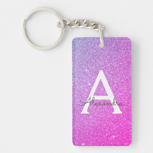 Purple Pink Glitter & Sparkle Monogram Keychain (Front)