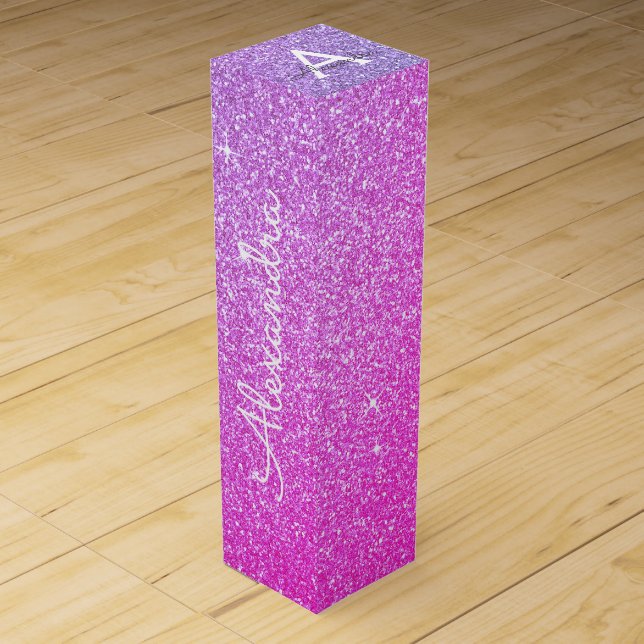 Purple Pink Glitter & Sparkle Monogram Wine Box (Front)