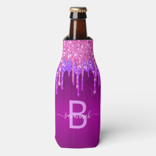 Purple pink glitter sparkle name monogram bottle cooler