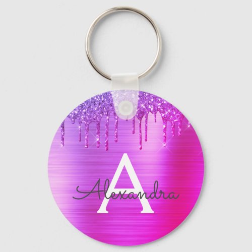 Purple Pink Glitter Stainless Steel Monogram Keychain