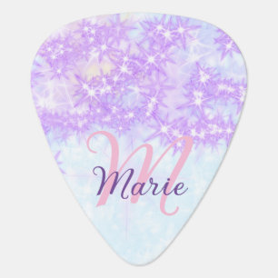 Purple pink glitter star monogram add letter text guitar pick