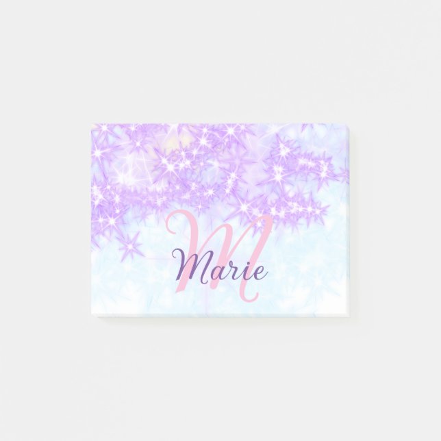 Purple pink glitter star monogram add letter text post-it notes (Front)