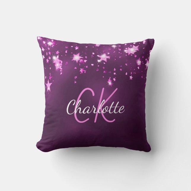 Purple pink glitter stars custom monogram name throw pillow (Front)