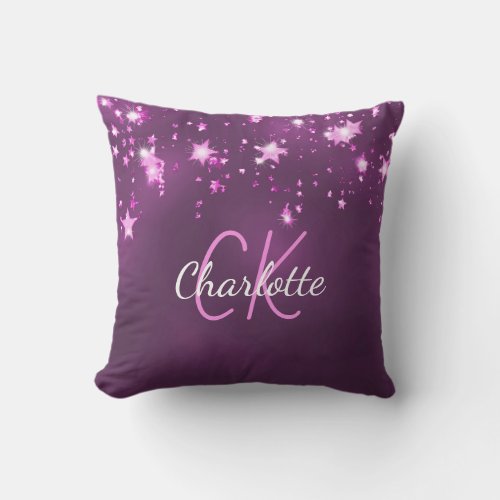 Purple pink glitter stars monogram name  outdoor pillow