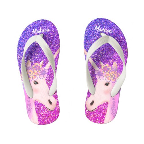 Purple Pink Glitter Unicorn Girls Personalized Kids Flip Flops