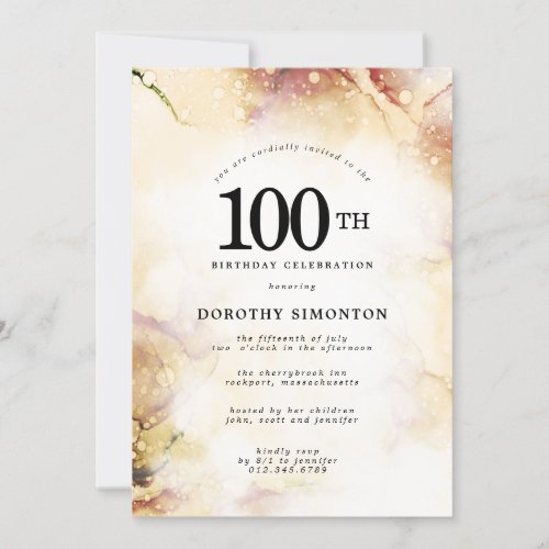 Purple Pink Gold Abstract 100th Birthday Party Invitation