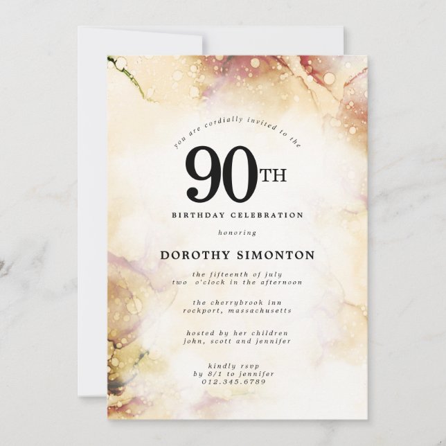 Purple Pink Gold Abstract 90th Birthday Party Invitation (Front)