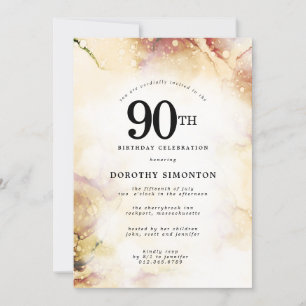 Purple Pink Gold Abstract 90th Birthday Party Invitation
