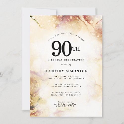 Purple Pink Gold Abstract 90th Birthday Party Invitation