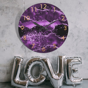 Purple pink gold agate marble large clock