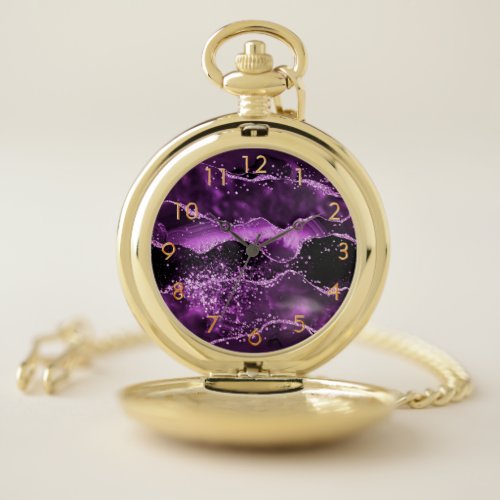 Purple pink gold agate marble pocket watch