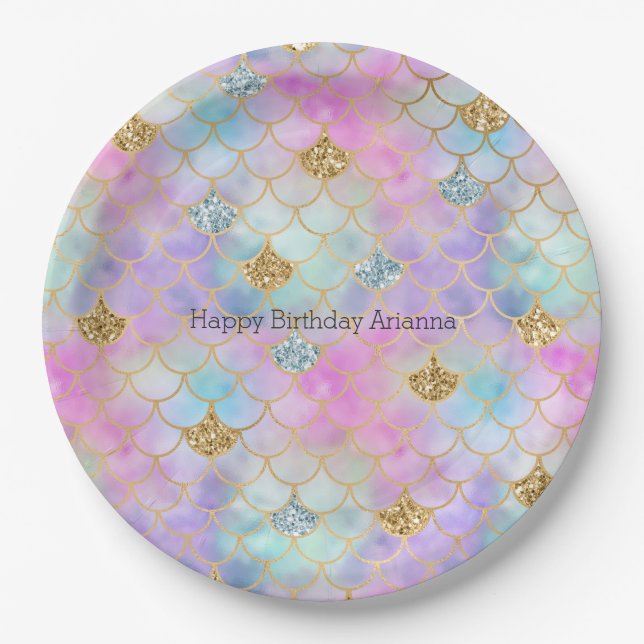 Purple Pink Gold Aqua Glitter Mermaid Sparkle      Paper Plates (Front)