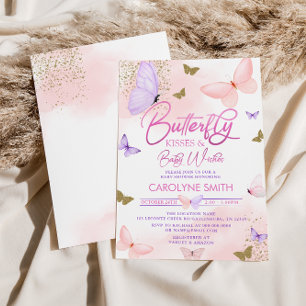 Purple & Pink Gold Butterfly Kisses Baby Shower Invitation