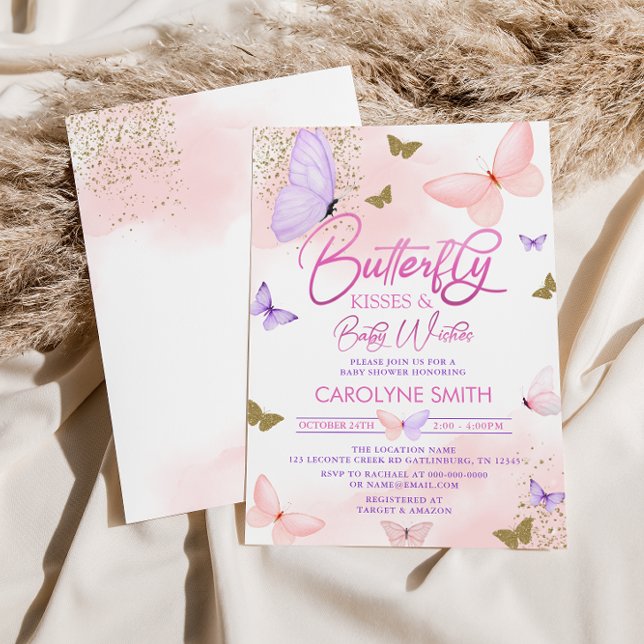 Purple & Pink Gold Butterfly Kisses Baby Shower Invitation (Creator Uploaded)
