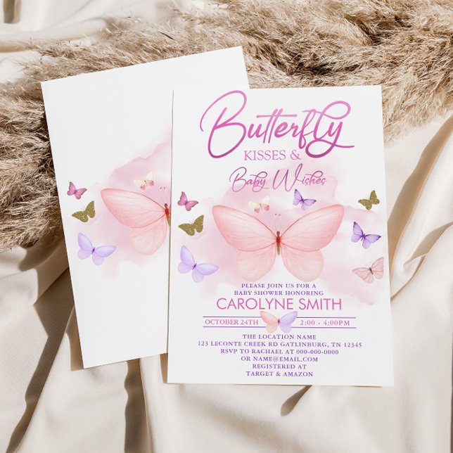 Purple Pink & Gold Butterfly Kisses Baby Shower Invitation (Creator Uploaded)
