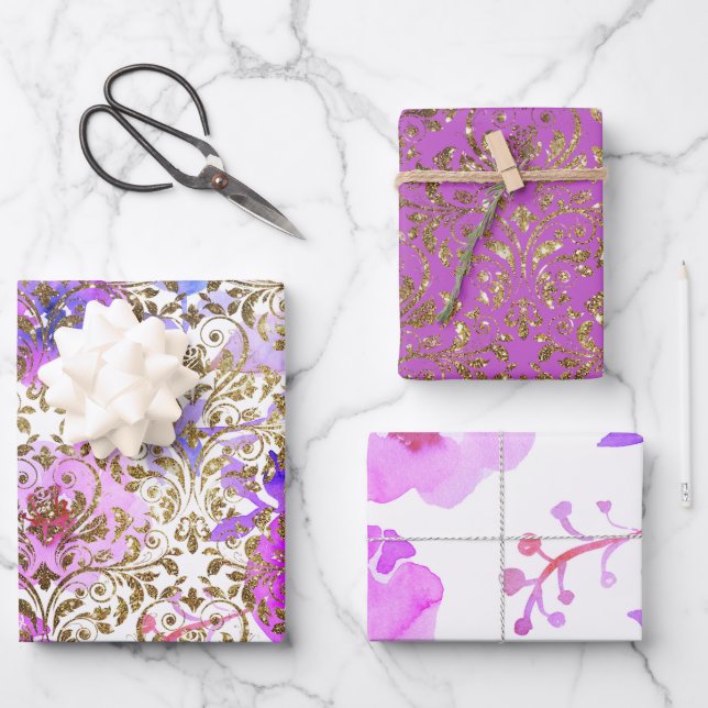 Purple Pink gold damask lace floral Wrapping Paper Sheets (Front)