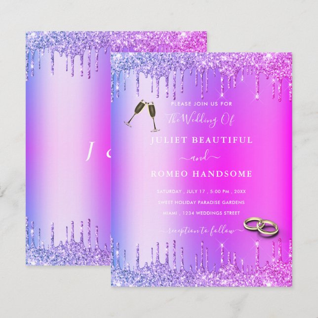 Purple Pink Gold Drips Wedding Invitation Card (Front/Back)