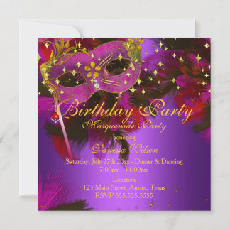 Purple Pink Gold Feather Mask Masquerade Party Invitation