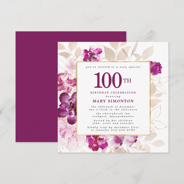 Purple Pink Gold Floral 100th Birthday Invitation (Front/Back)