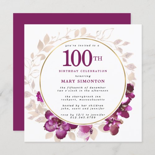 Purple Pink Gold Floral 100th Birthday Invitation