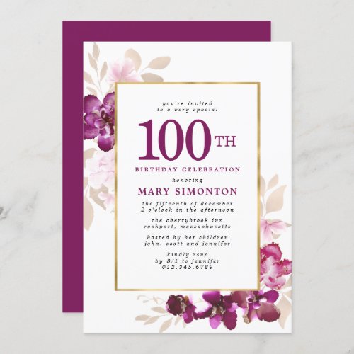 Purple Pink Gold Floral 100th Birthday Invitation